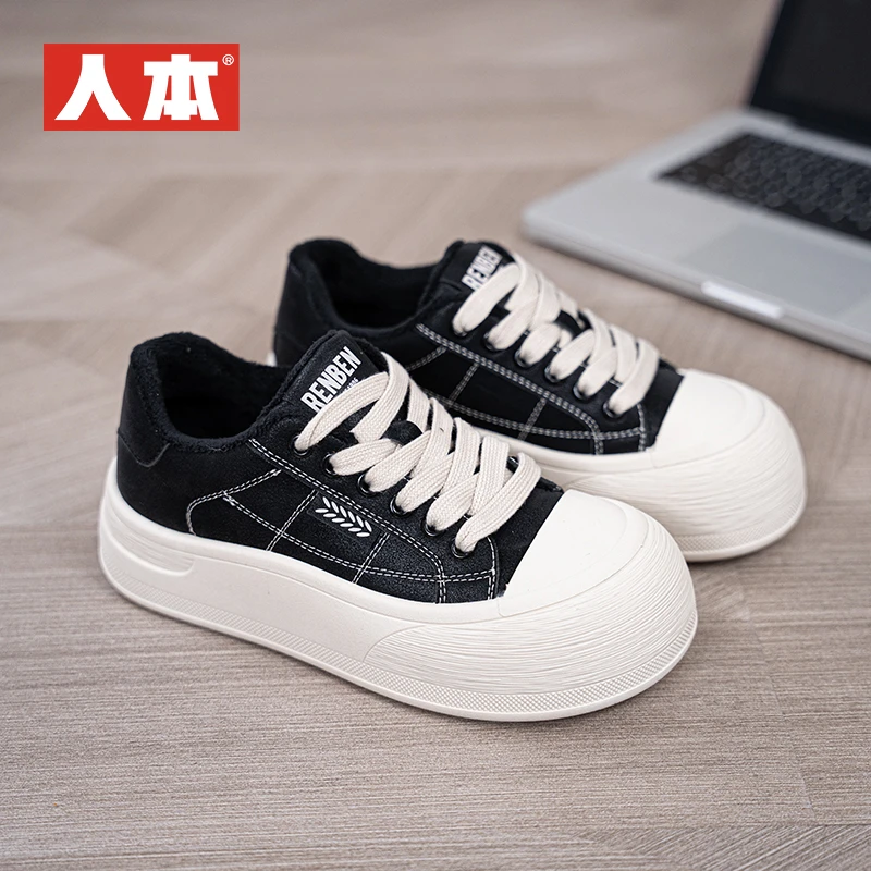 人本厚底圆头女款2025冬季新款小个子增高百搭学生面包鞋