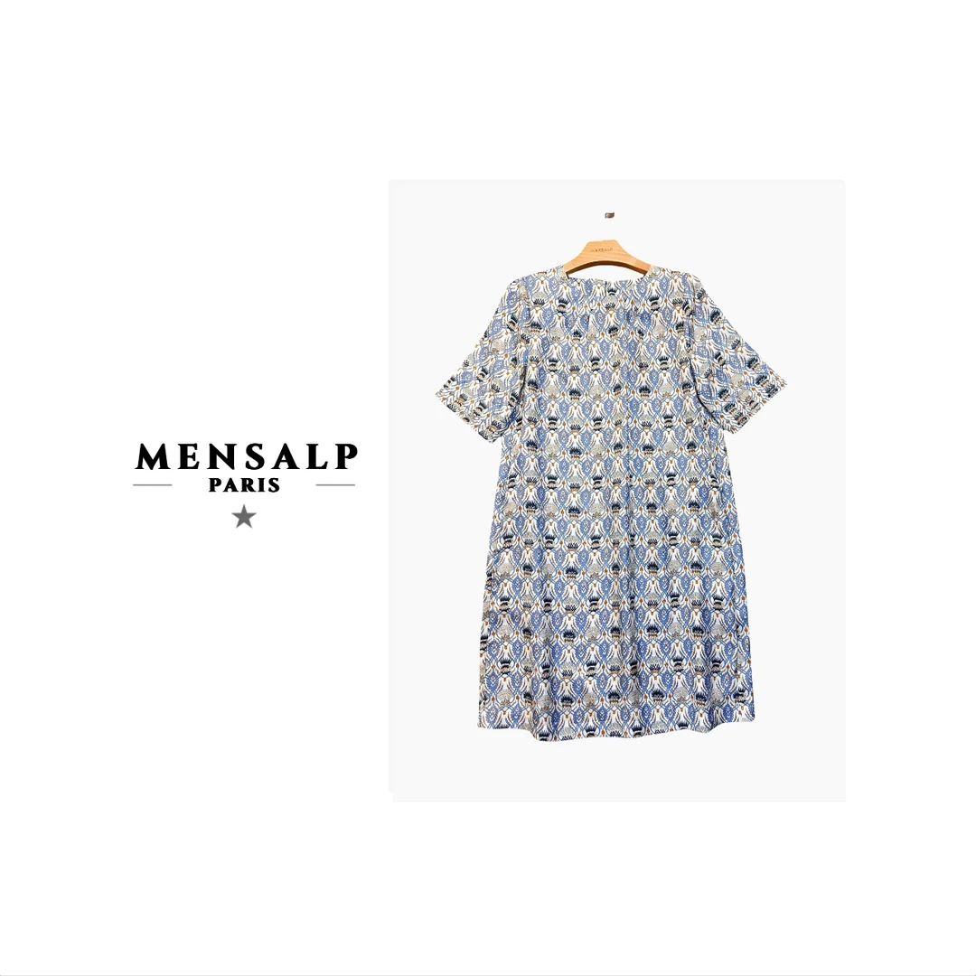 深圳南油 L/P～100桑蚕丝蓟花印花真丝斜纹绸圆领高端连衣裙MP001