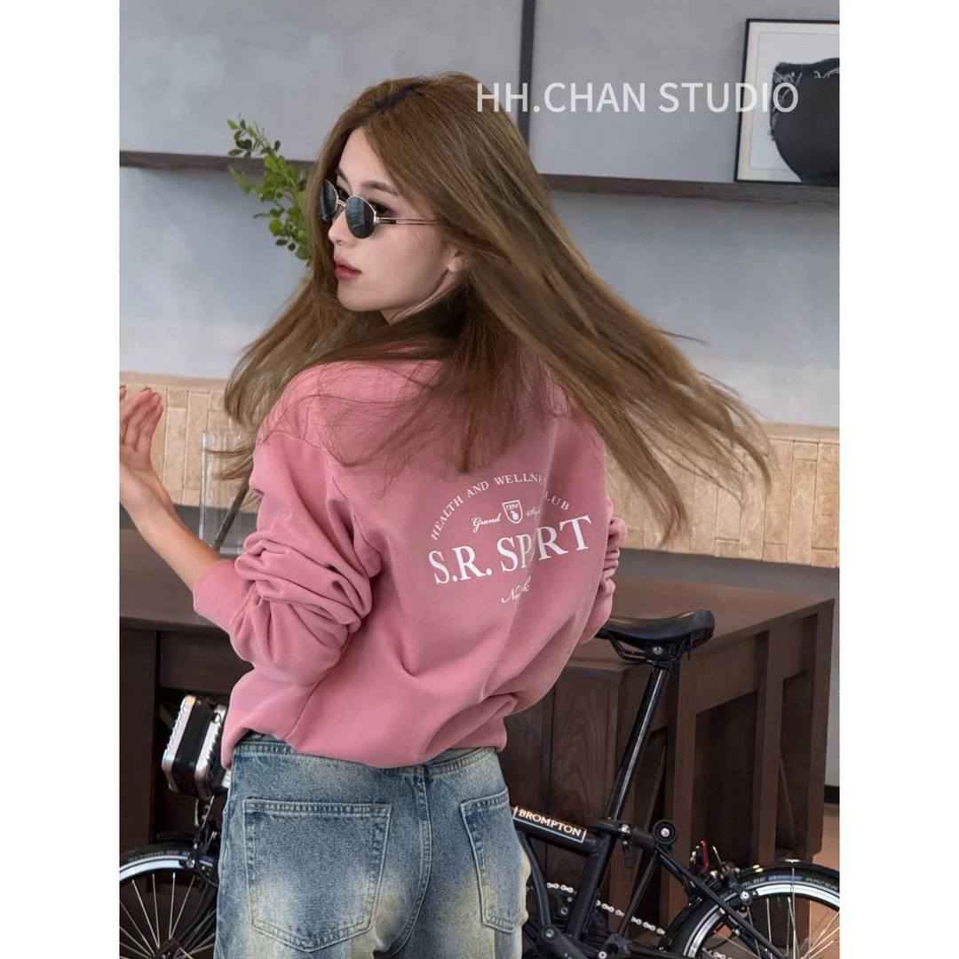 HH.CHAN"心动粉"定制棉SR新款粉色圆领长袖字母卫衣HH53H37581