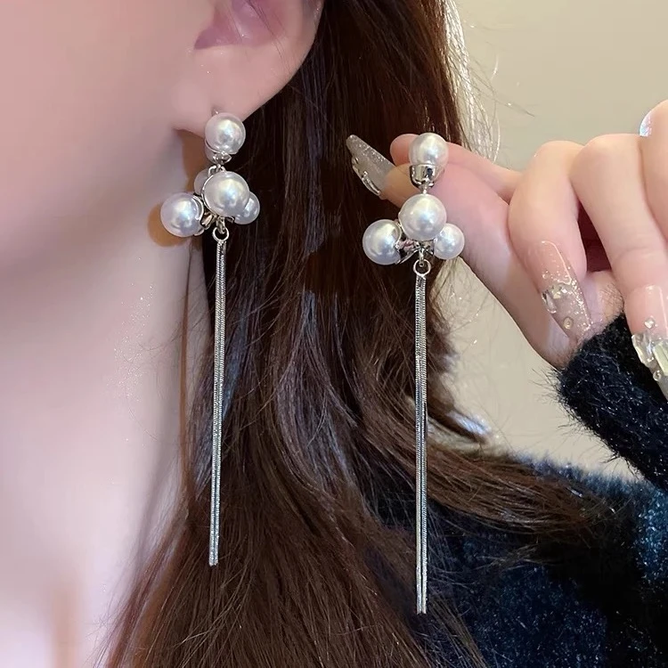 铜合金仿珍珠耳饰 法式超仙气质时尚百搭优雅长款流苏-598