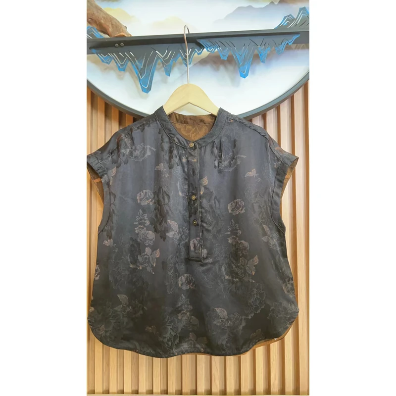 国风优雅宽松型半开领夏季新中式上衣复古衬衫圆领 8325