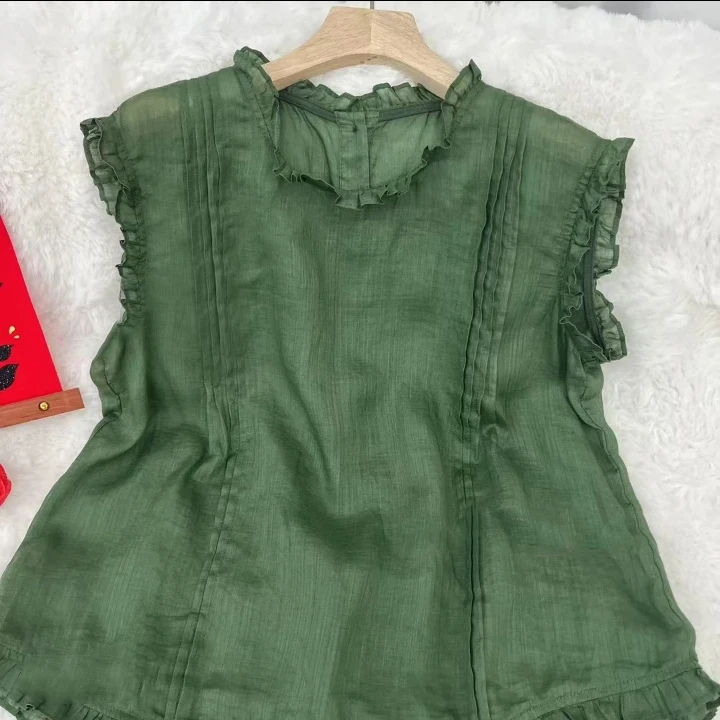 墨绿纯色木耳边设计小衫复古风捏褶苎麻上衣 R0765