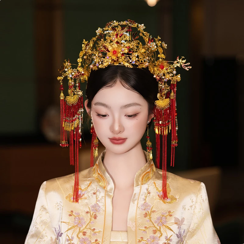 合金锆石婚庆饰品 新娘发饰秀禾龙凤褂流苏金色花朵凤冠配饰SE11