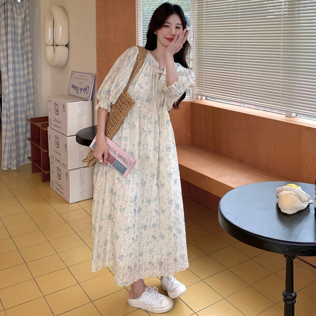 新中式蓝色碎花盘扣连衣裙女夏2025新款清纯初恋古风小清新长裙