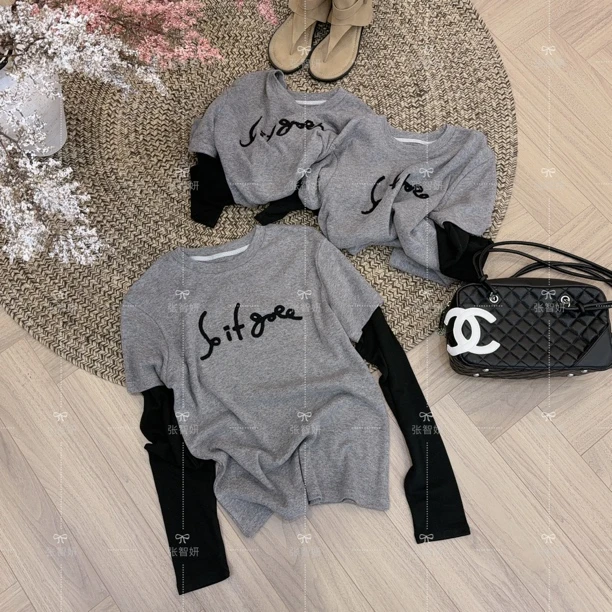 【慵懒冬日】秋冬新款假两件休闲女士T恤植绒字母刺绣拼接长袖女装