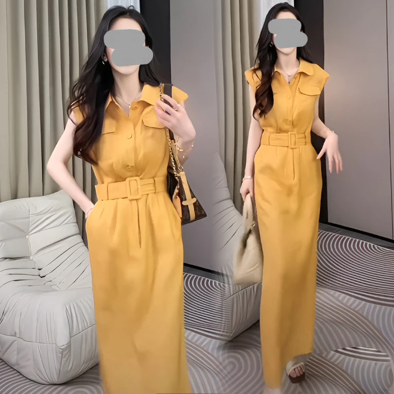 2025夏季新款设计感翻领无袖连衣裙女收腰显瘦气质时尚别致裙子女