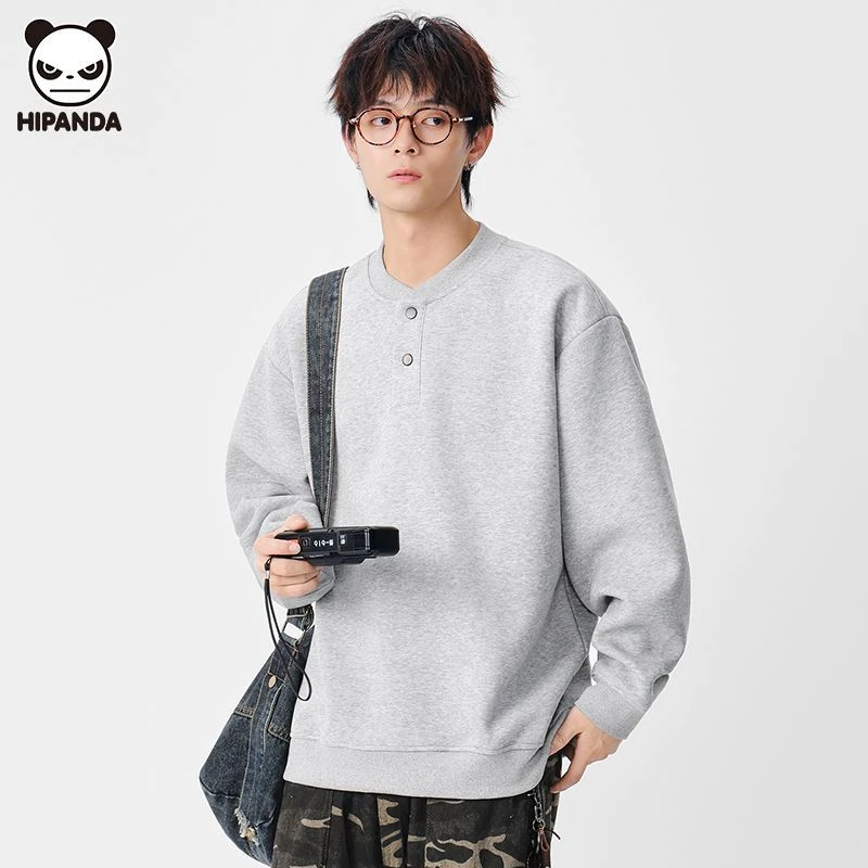Hi Panda长袖卫衣男装宽松重磅秋季韩版休闲纯色套头潮牌圆领上衣