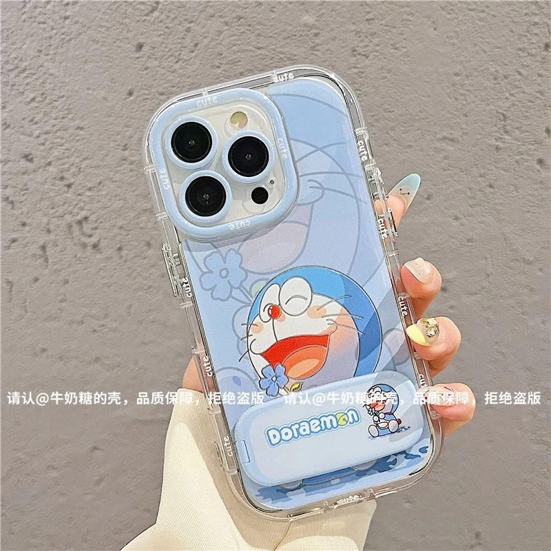 可爱哆啦镜面支架适用苹果16华为vivo小米OPPO透明泡芙手机壳新款