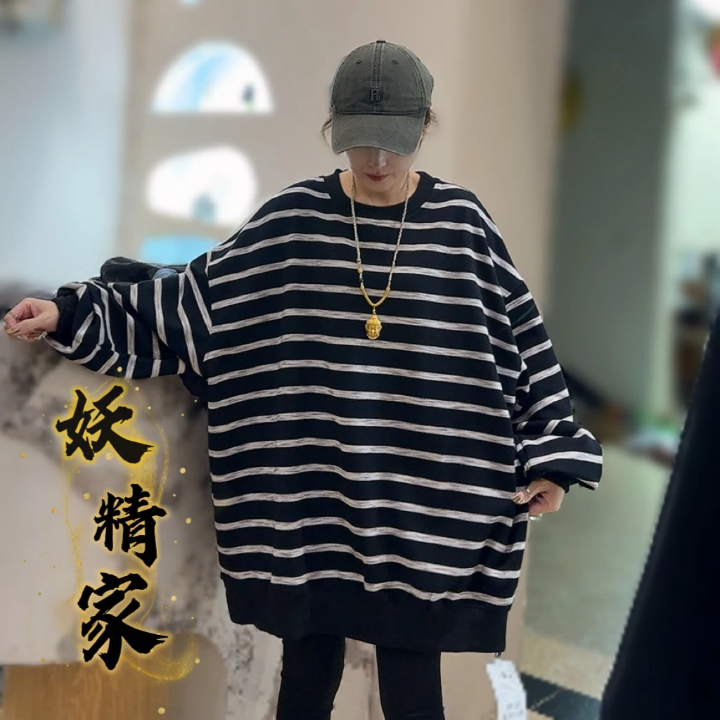 9609【妖精家】秋上新韩版圆领套头条纹卫衣女宽松复古休闲慵懒上衣