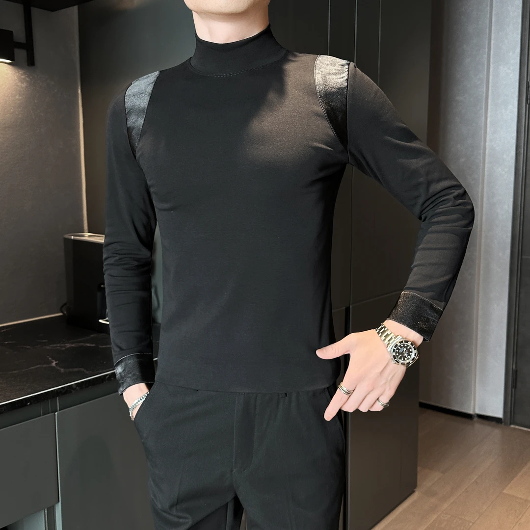 秋冬季新款拼接长袖T恤男士高级感半高领打底衫轻奢痞帅加绒内搭