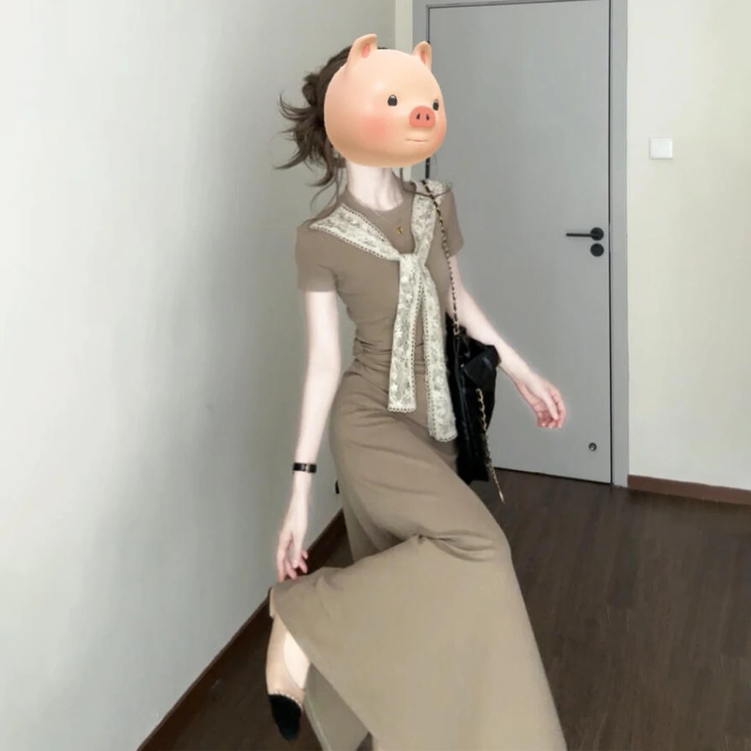 蕾丝拼接设计感法式复古短袖连衣裙子女夏2025新款巨好看掐腰长裙