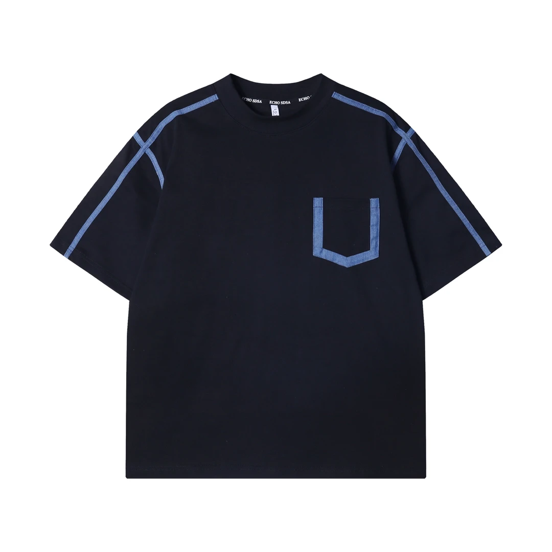 夏季高级感新款韩版拼接撞色缝线潮流宽松简约百搭休闲圆领上衣