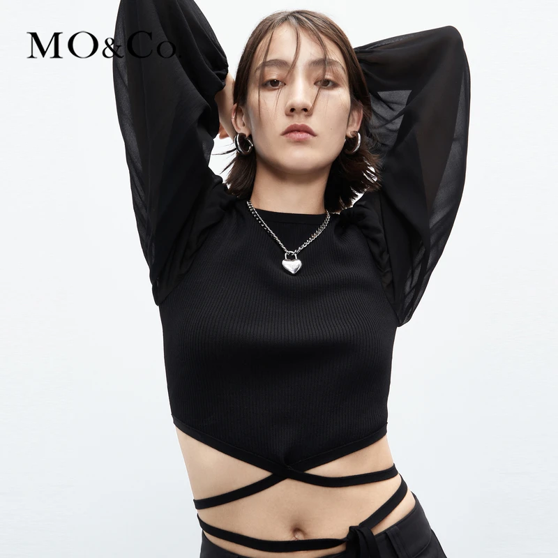【陈大可专属】MOCO针织拼接高腰短款绑带针织衫轻职场MBC3SWTT12