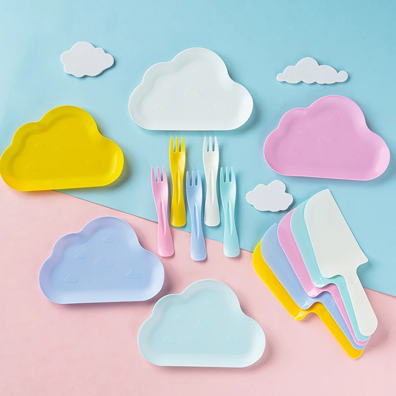 小清新云朵餐盘套装儿童节日派对塑料一次性刀叉盘蛋糕甜品餐具