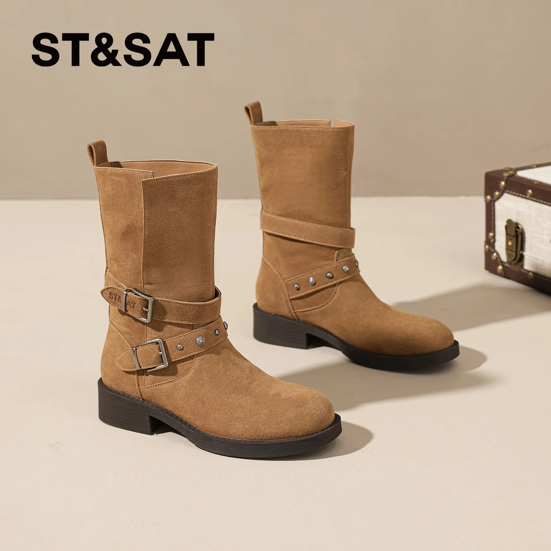 星期六铆钉扣带中筒靴女款2025冬季新款马丁靴粗跟复古百搭机车靴