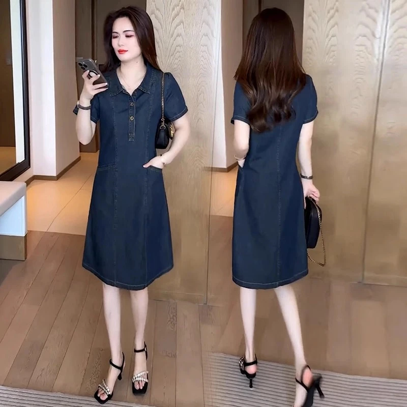 时尚薄款牛仔连衣裙女2025夏季新款洋气显瘦遮肉中长款休闲裙子潮