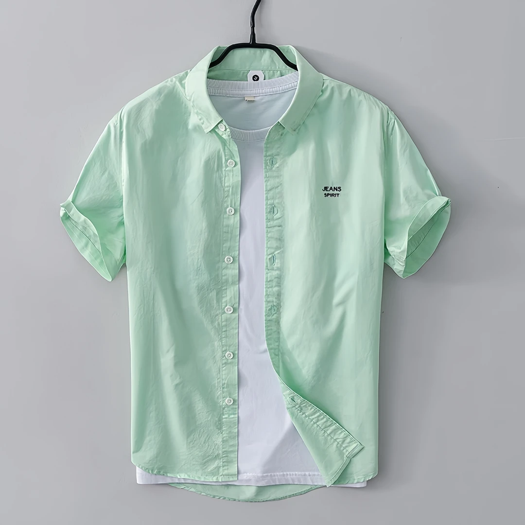 纯色刺绣宽松夏季短袖薄款休闲衬衫潮流速干男士透气时尚韩版衬衣