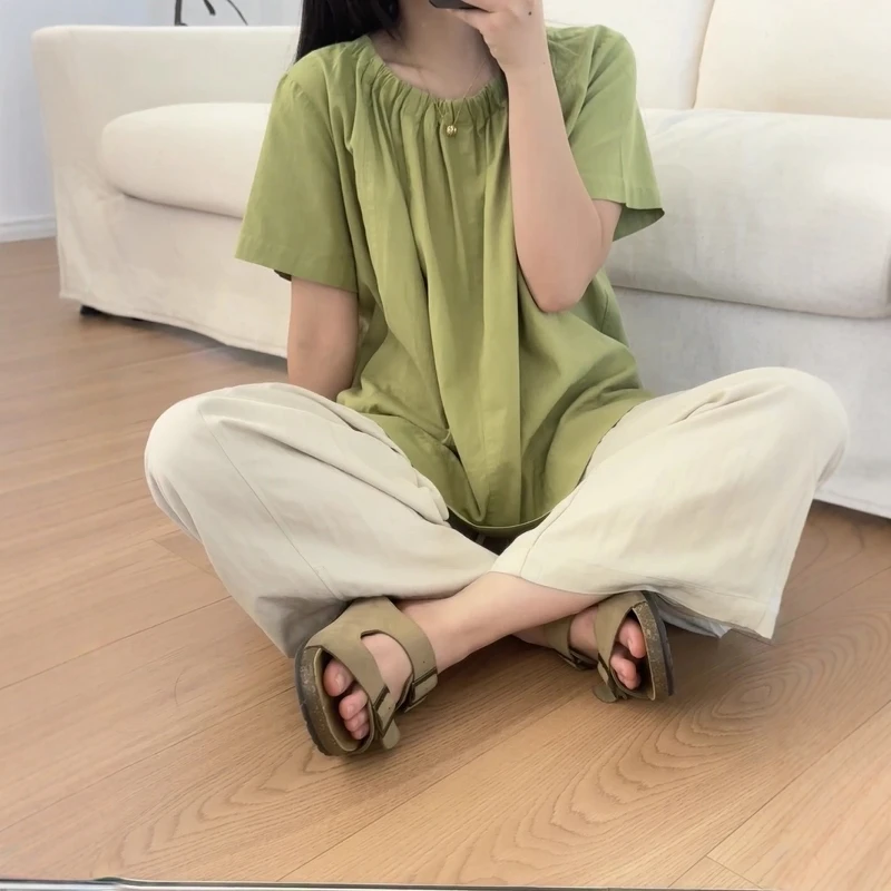 法式绿色棉麻短袖上衣女夏季薄款简约高级感气质小衫娃娃衫ins