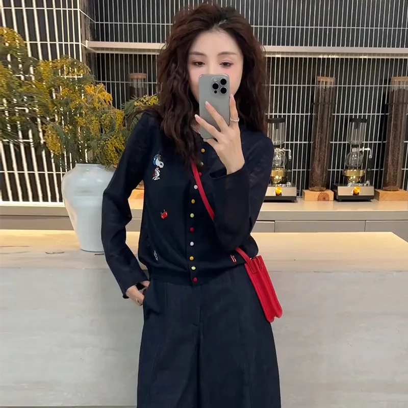 韩版时尚减龄卡通刺绣防晒开衫女春秋新款宽松遮肉单排扣针织上衣