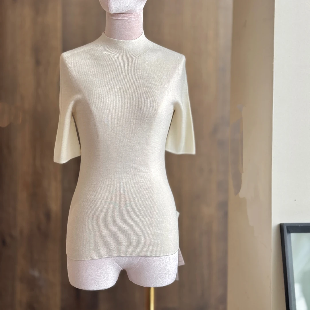 YiwenCao 设计师原创半高领奶白色五分袖扬子纱线针织打底百搭