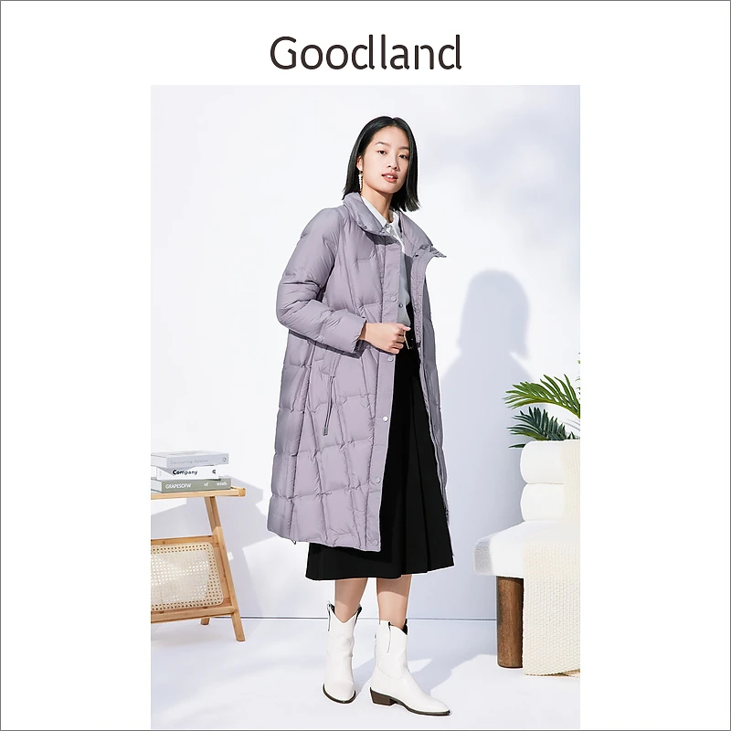 Goodland美地女装冬季翻领长款过膝加厚保暖白鹅绒羽绒服