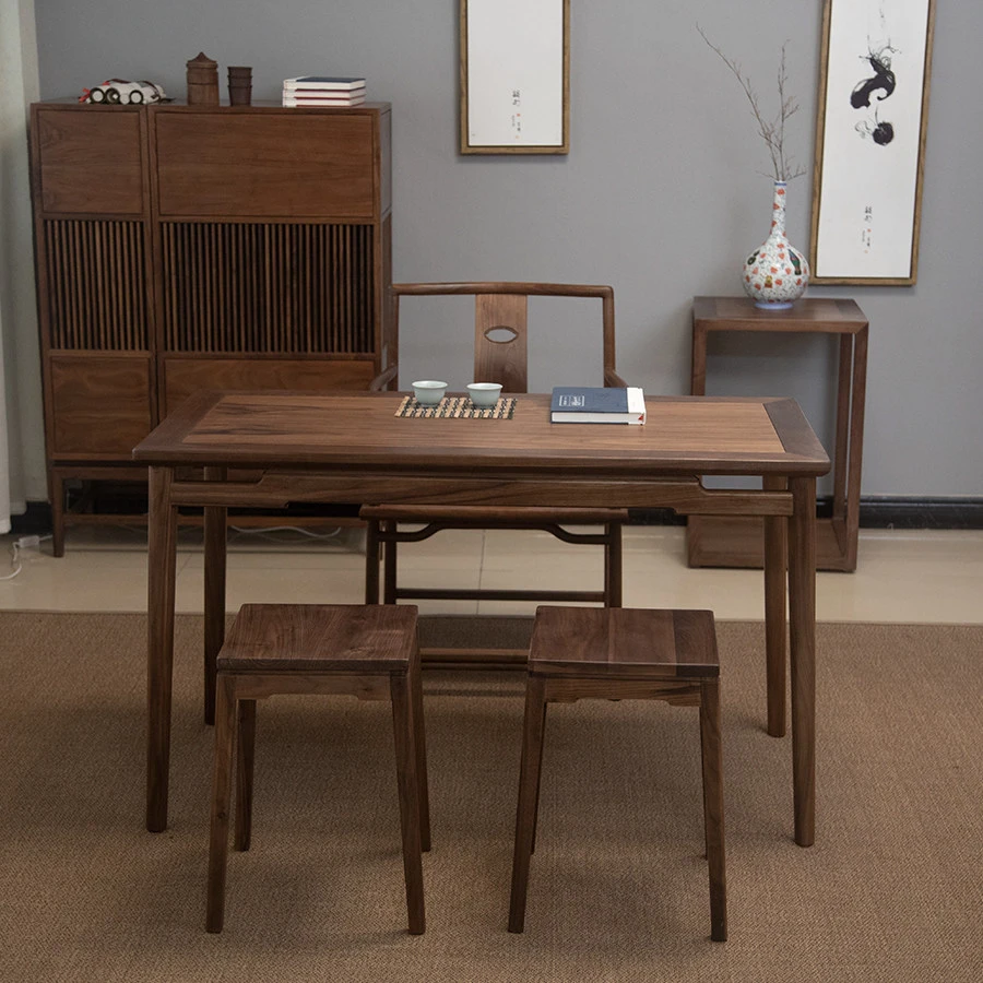 榆木如意茶桌新中式实木阳台喝茶桌椅组合茶室长条桌办公泡茶台桌