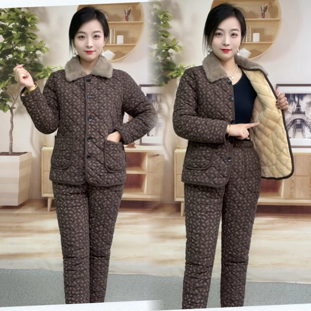 【条绒棉】中老年妈妈冬季加绒加厚保暖毛毛翻领棉衣套装外穿