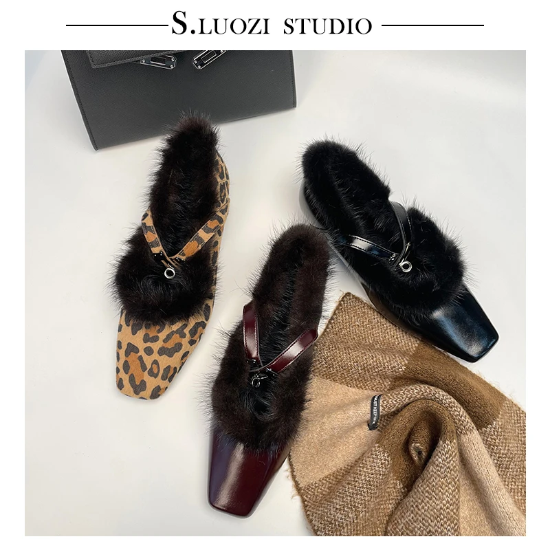 诗罗姿2025春季时尚百搭加绒方头玛丽珍鞋一字扣气质真皮低跟单鞋