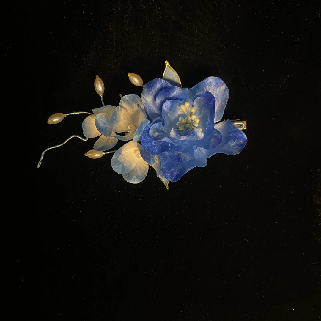 【蓝色山茶花】非遗绒花纯手工制作蓝色山茶花边夹