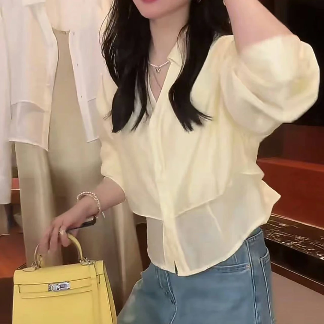 温柔气质抗皱亲肤百搭假两件防晒衬衣女2025夏季新款设计感上衣