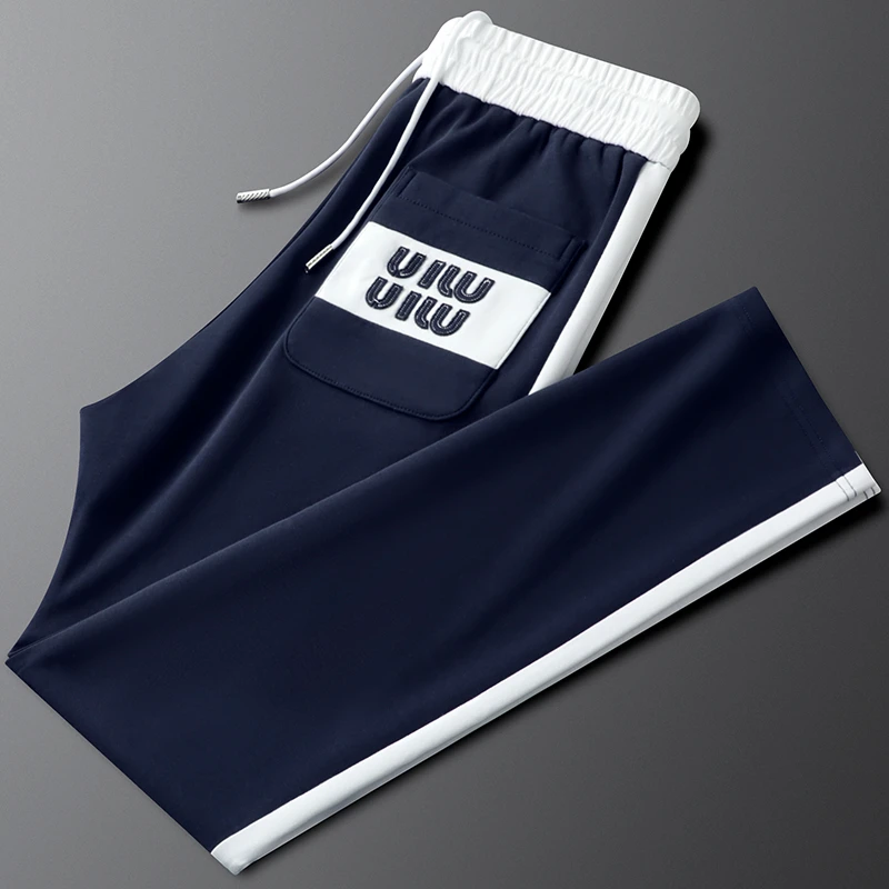 男士休闲运动裤夏季薄款侧条纹拼接撞色潮牌刺绣松紧腰卫裤男长裤