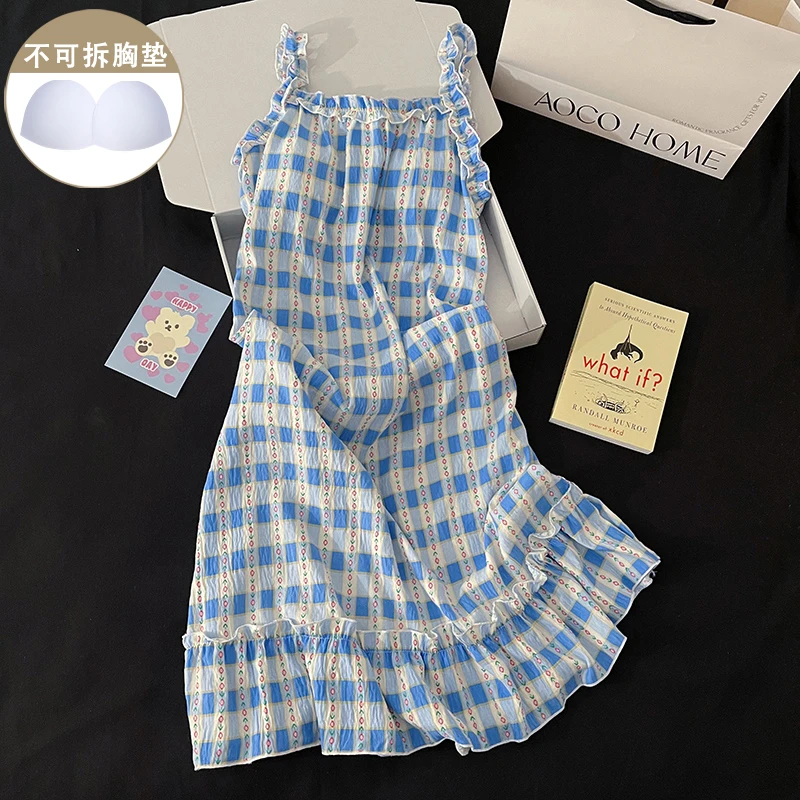 睡衣睡裙女夏季带胸垫新款蓝色格子性感吊带连衣裙甜美学生家居服