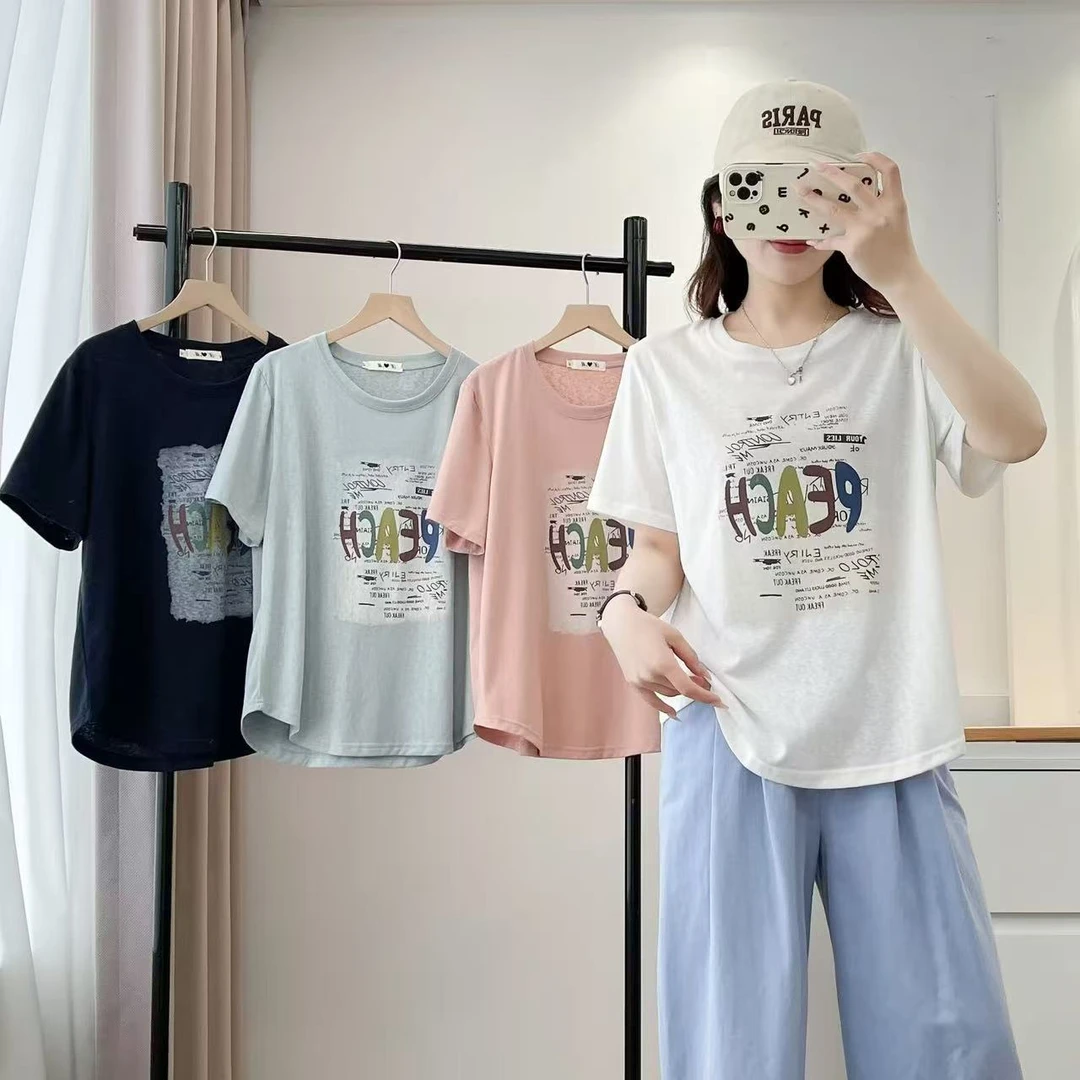 悦悦大码女装洋气显瘦宽松减龄时尚字母印花圆领短袖T恤