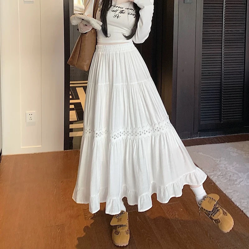 温柔风白色半身裙女2025春季新款设计感蕾丝花边宽松垂感大摆伞裙