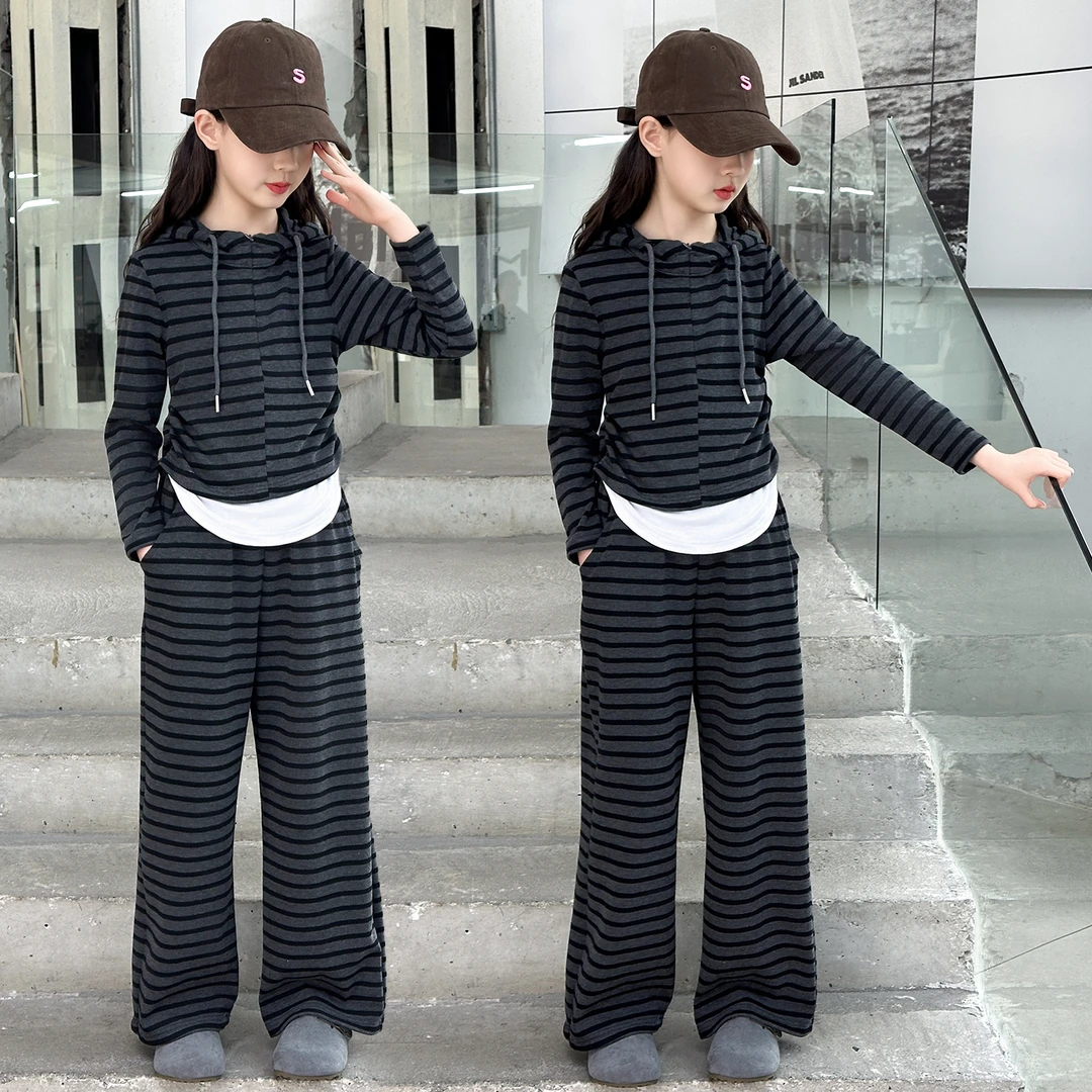 2025新款女童条纹假两件套装春秋韩系中大童休闲运动阔腿裤两件套