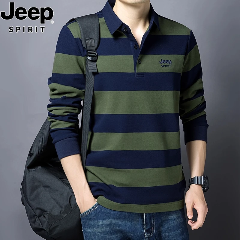 吉普纯棉长袖t恤男士2025春秋新款宽松大码翻领条纹polo衫上衣潮