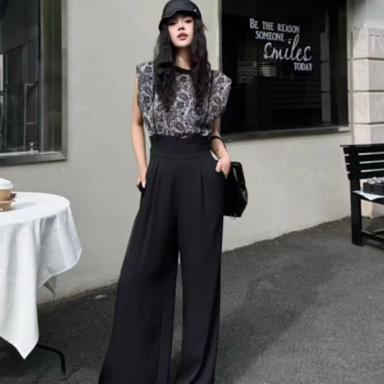 时尚印花无袖圆领上衣搭配高腰背带阔腿裤夏季套装