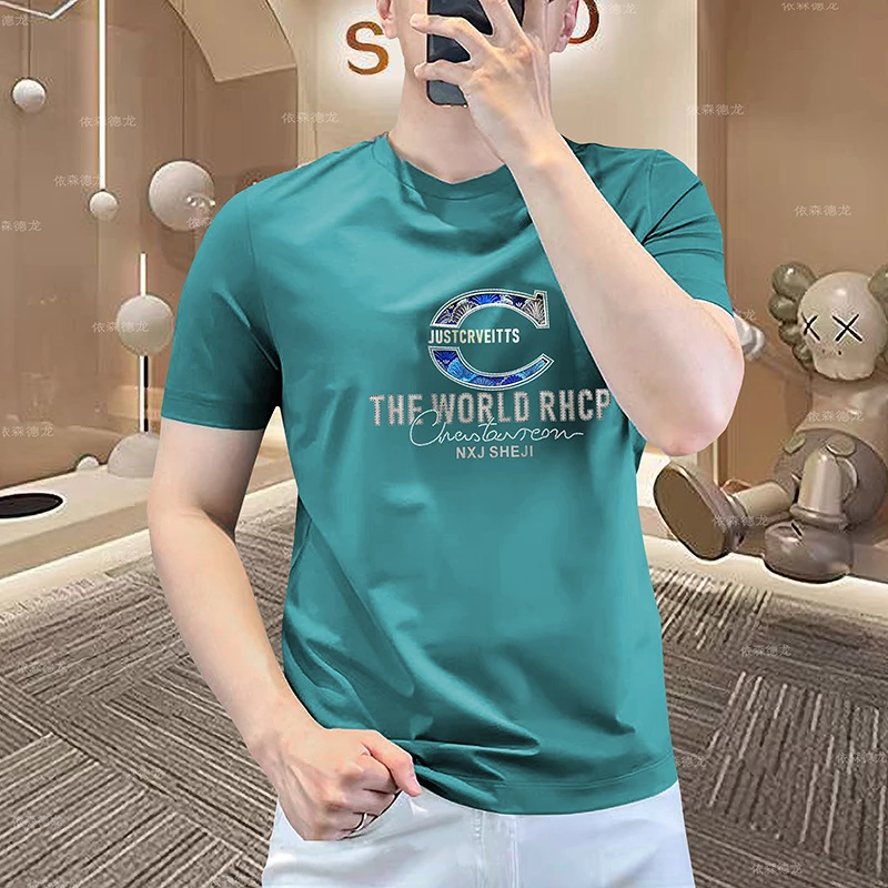 轻奢男士修身潮牌字母T恤丝光棉透气吸湿新款时尚夏季潮流圆领潮