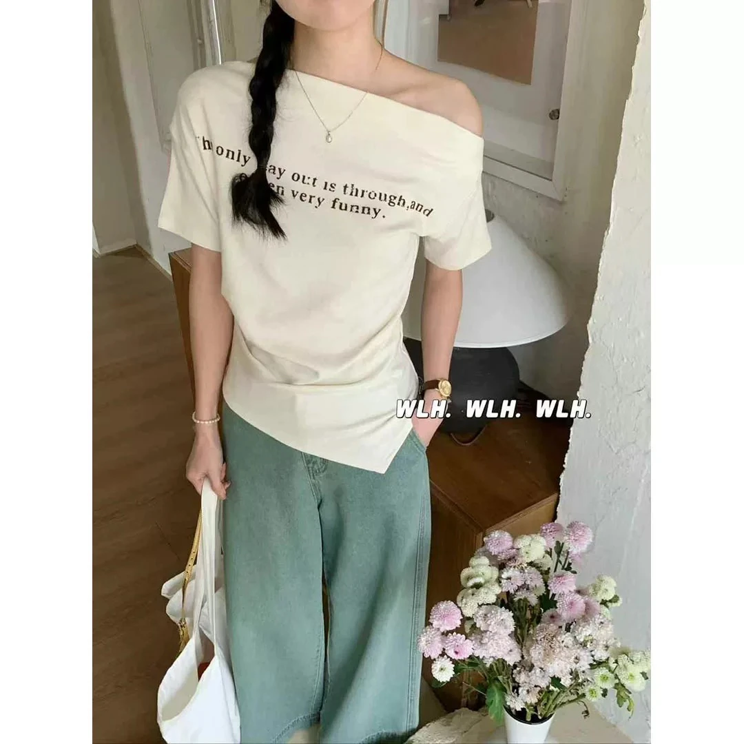 初夏新款韩版设计感一字肩植绒字母极简温柔风不规则气质短袖T恤