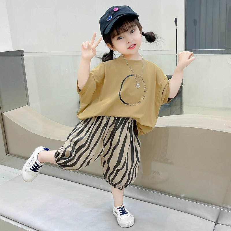 韩版女童夏装套装儿童洋气新款潮酷短袖休闲裤两件套宝宝时髦衣服