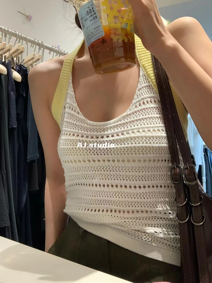 AJ （1ajq2335#）挂脖撞色设计、针织露背背心 6-16