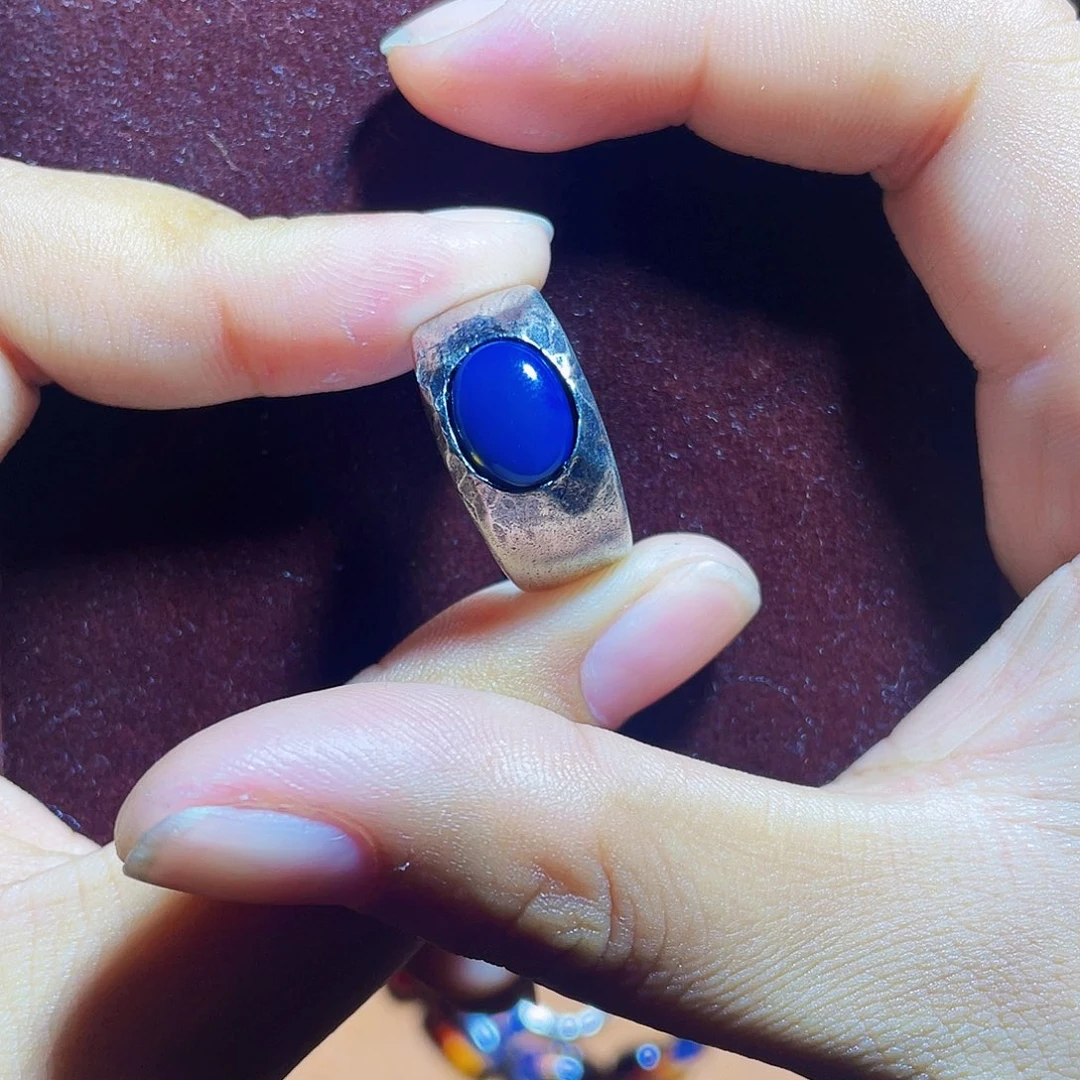 蓝珀裸石银S925镶嵌可*多米尼加净水戒指
