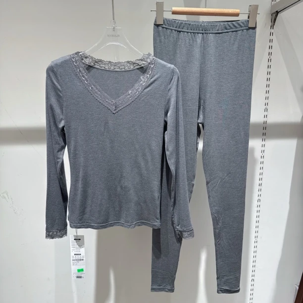 【润肤小V领】6903女士秋季冬季蕾丝V领发热保暖内衣套装高颜值蕾丝