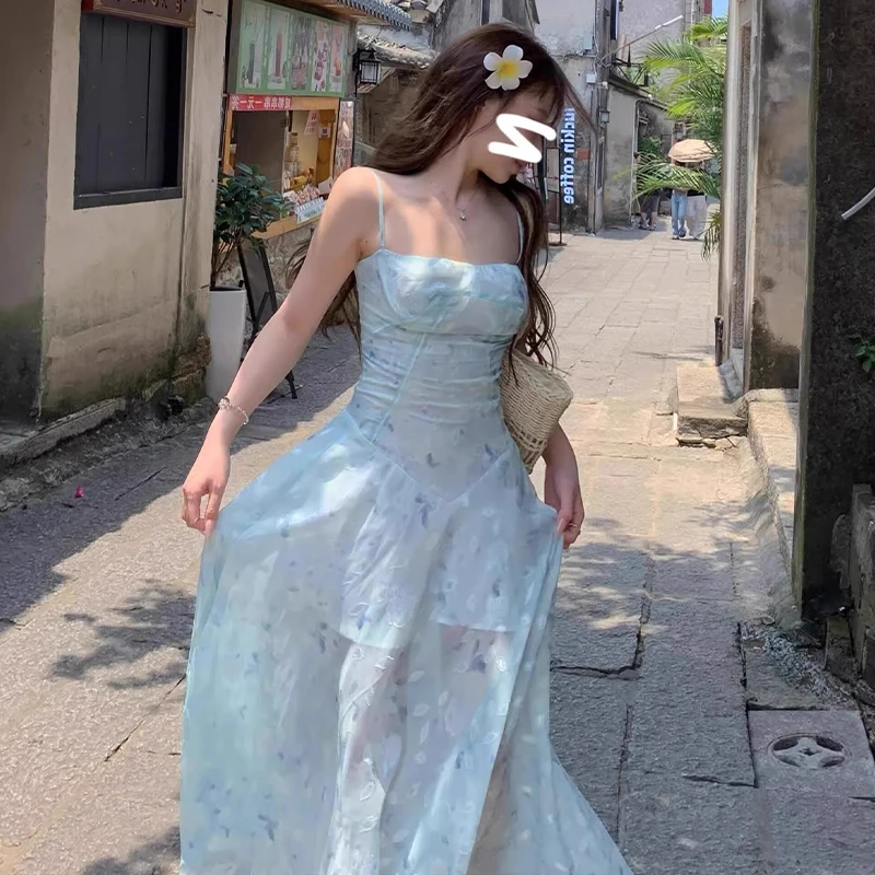 蓝色无袖吊带连衣裙夏季2025新款海边度假风穿搭绝美沙滩长裙2419
