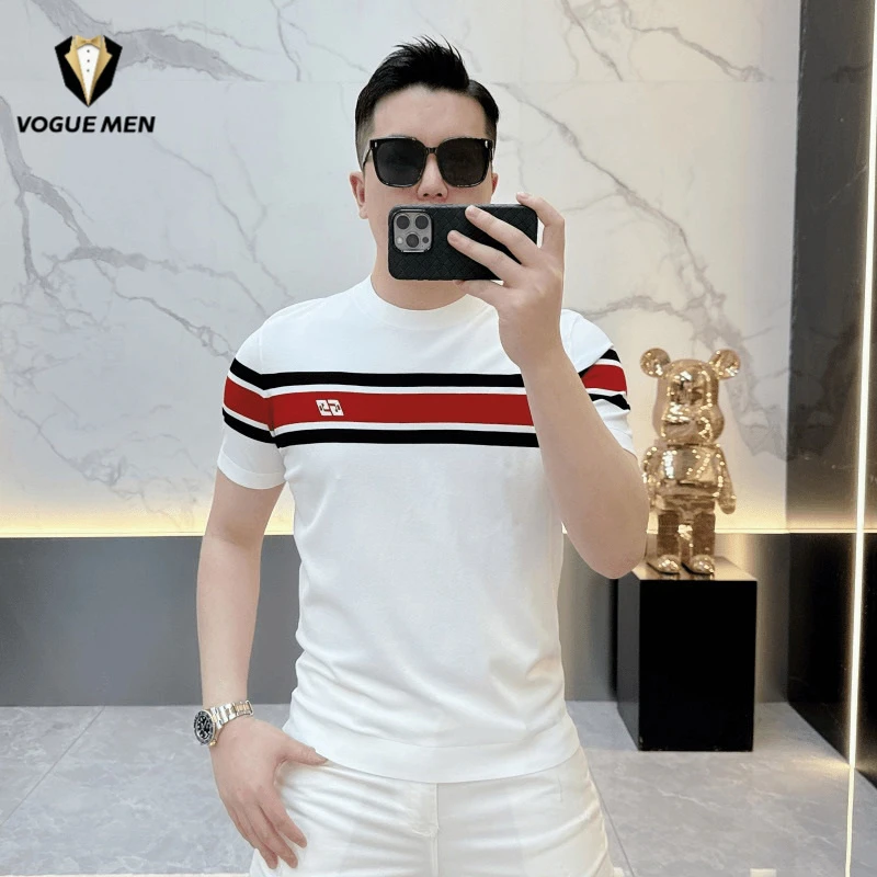 针织短袖T恤男2025夏季条纹修身冰丝薄款半袖时尚潮流百搭打底衫