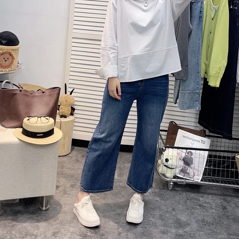 大码高腰遮肚四面弹复古直筒牛仔裤女韩版胖mm时尚显瘦九分阔腿裤