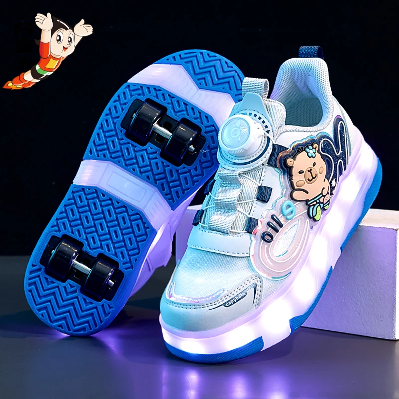 阿童木儿童暴走鞋男童夏款四轮可收溜冰鞋亮灯男孩网面运动轮滑鞋