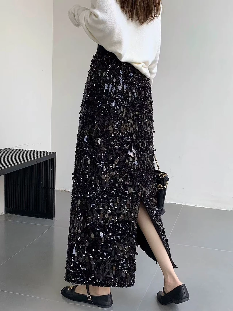 复古重工亮片半身裙女2025秋冬新款黑色高腰显瘦百搭中长款直筒裙