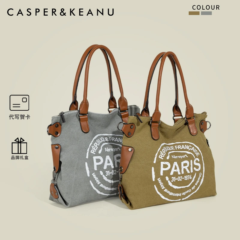 CASPER&KEANU秋冬复古字母帆布包女2025新款大容量休闲通勤托特包