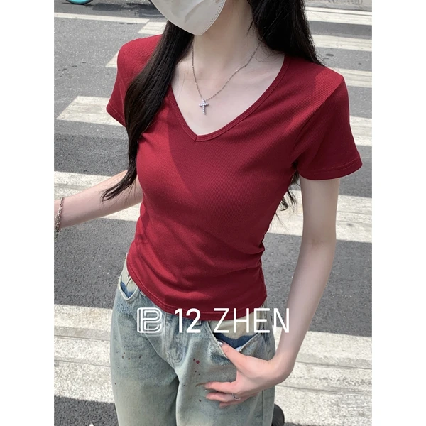 2025夏季韩版修身正肩v领百搭纯色设计感基础显瘦T恤短袖上衣女